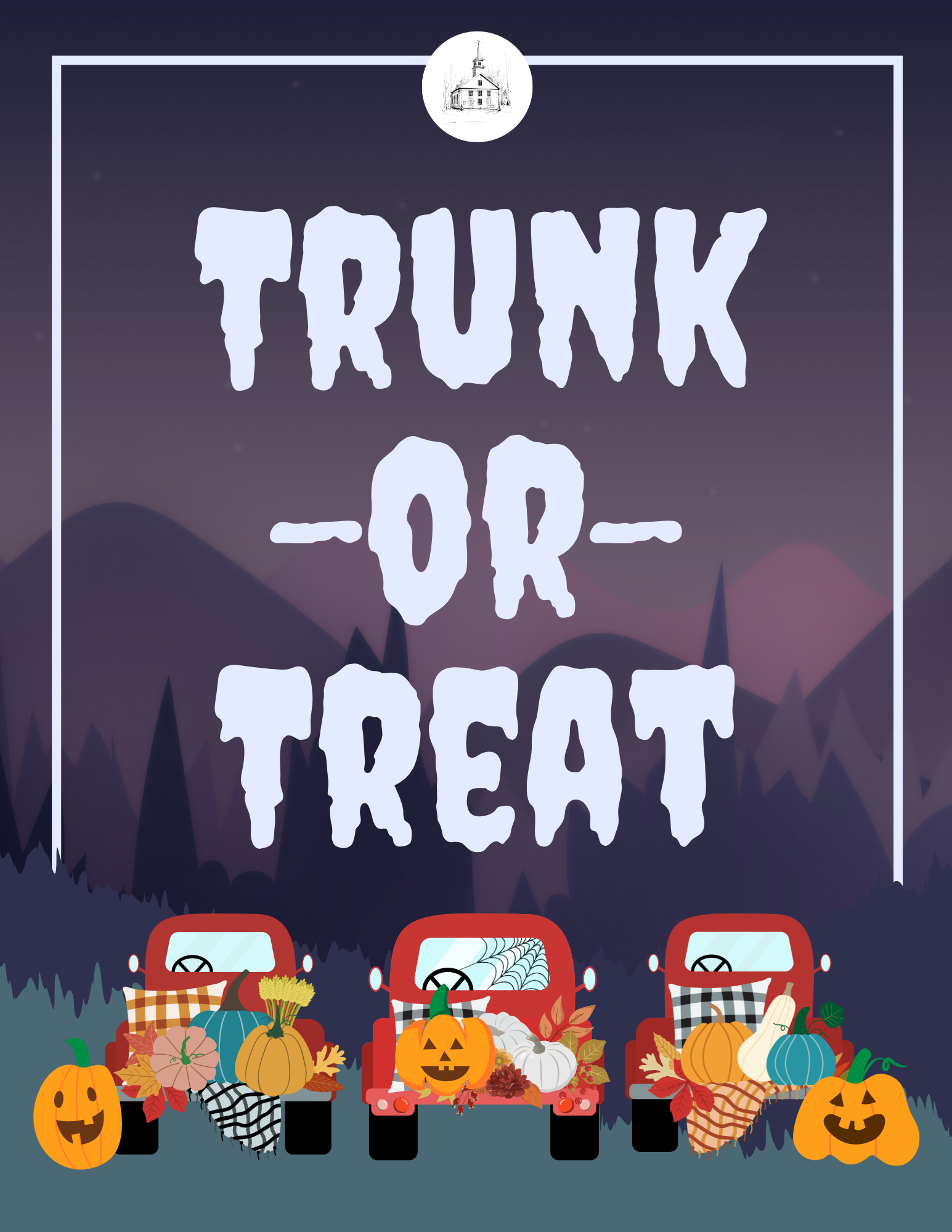 trunk or treat flyer - "Trunk or Treat" in spooky off-white letters in front of a purple night sky with red trunks filled with halloween decor below