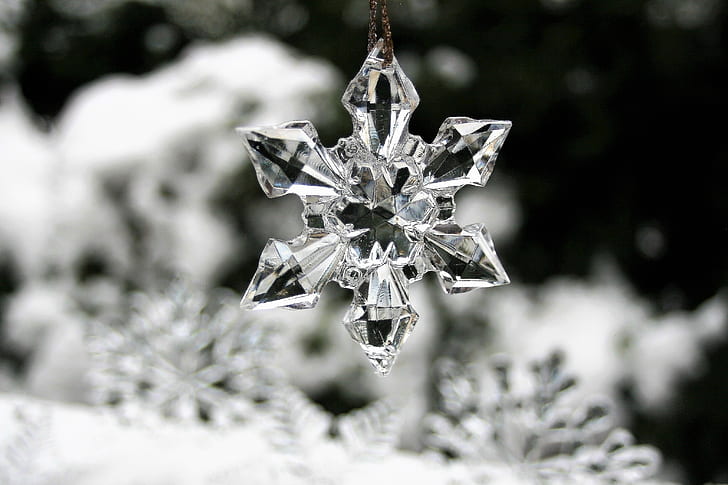 Gray and white photo of a crystal snowflake