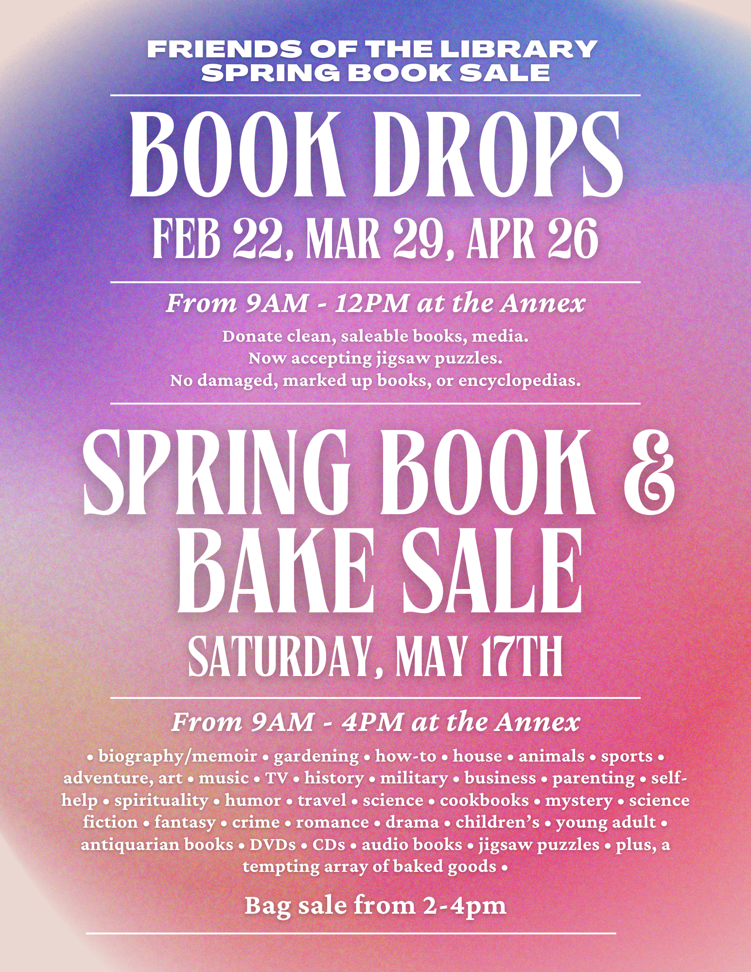 Friends book drop and book sale flyer - text from webpage on a pink and purple gradient background