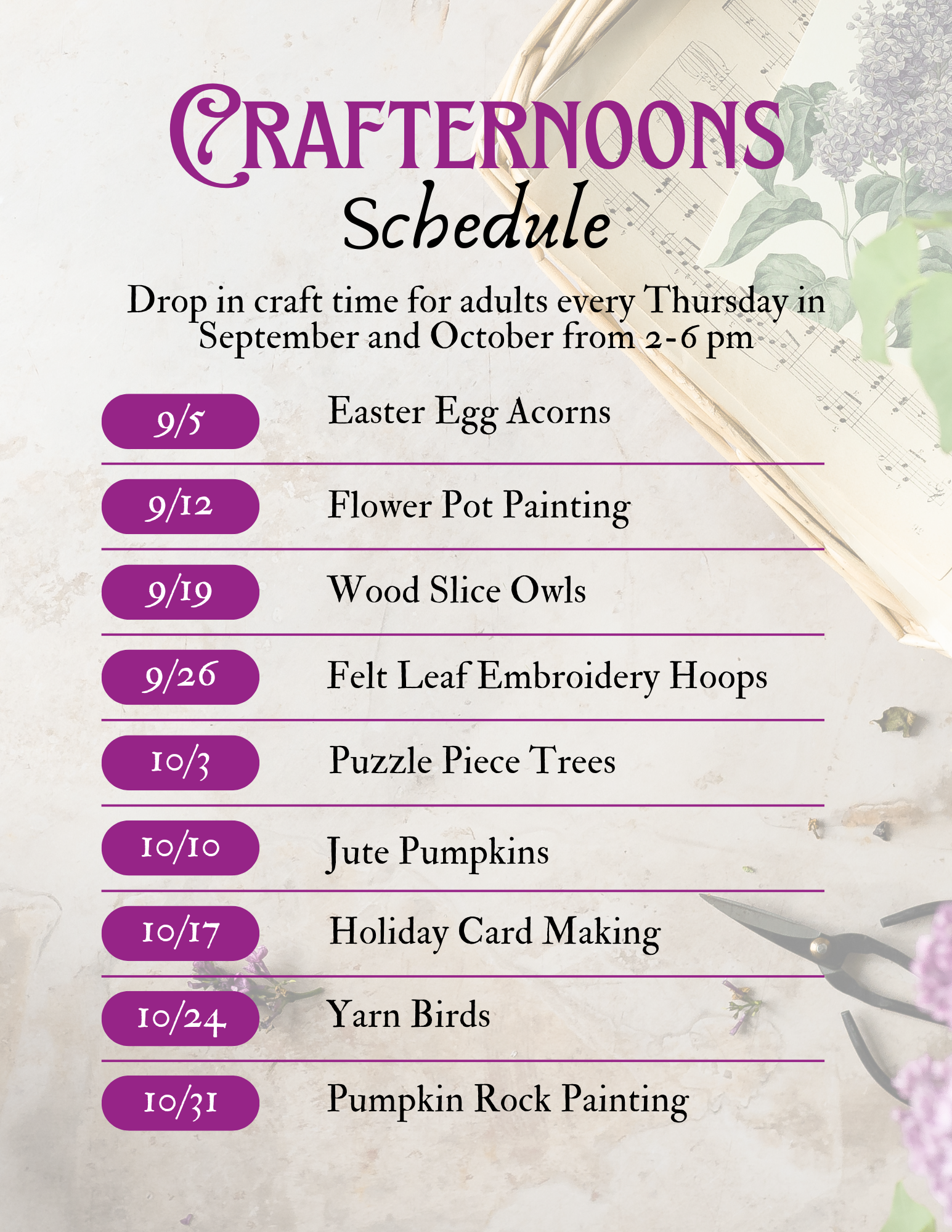 crafternoon schedule