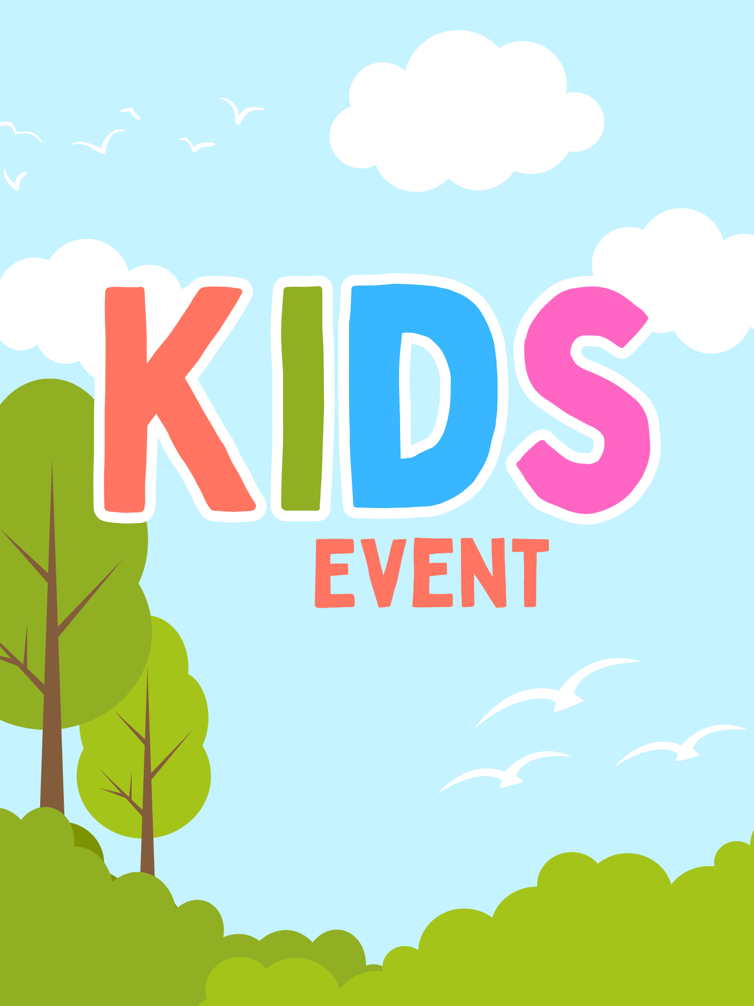 default kids event flyer - "kids event" in rainbow text on top of a bright blue sky background with green bushes and trees at the bottom