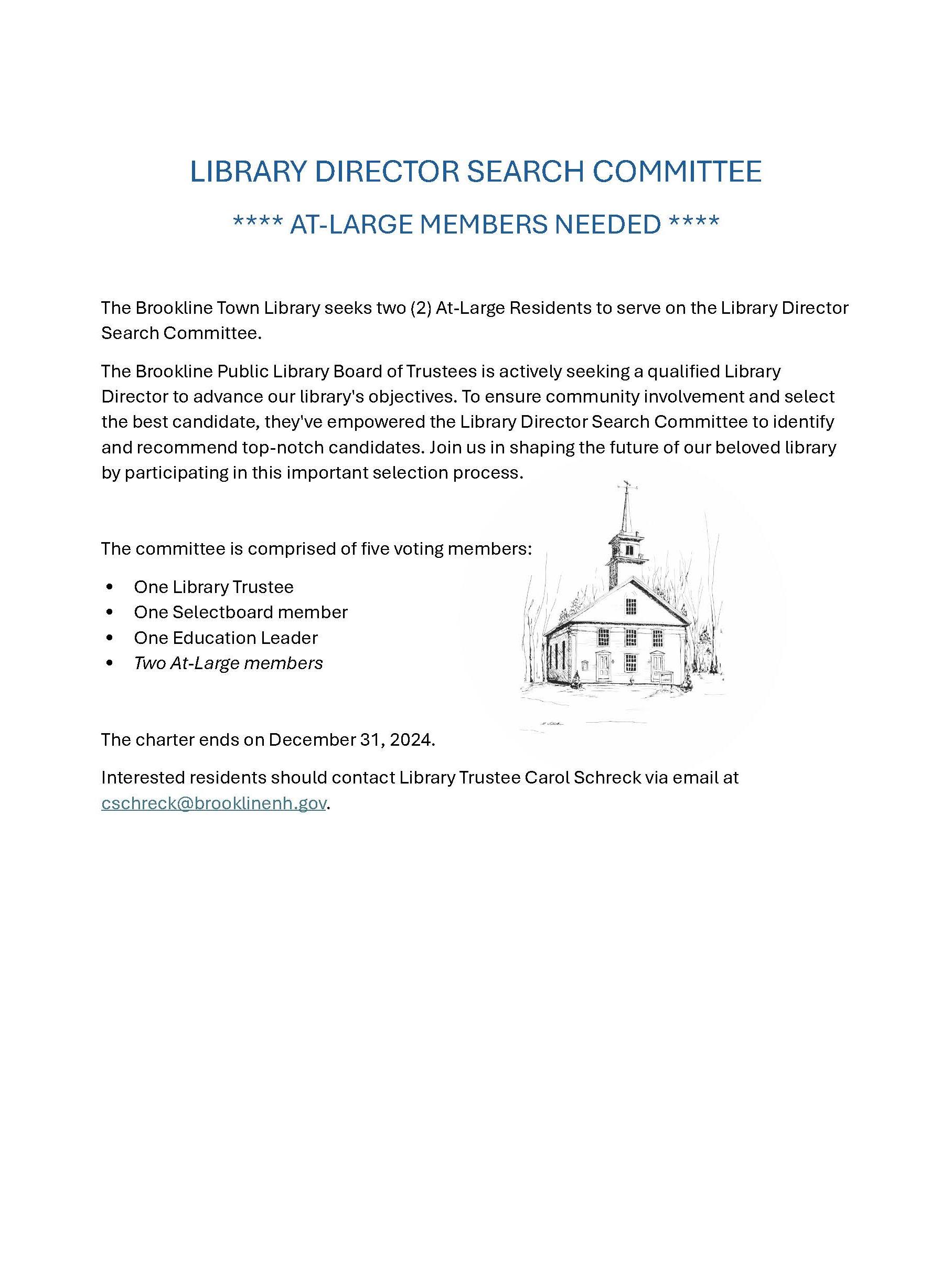 library director search committee "at-large members needed" informational flyer
